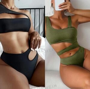 SHEIN olive green swimsuit + black two-piece set bundle